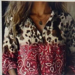 Chic Button Down Shirt in Red bandana and Brown cow Pattern